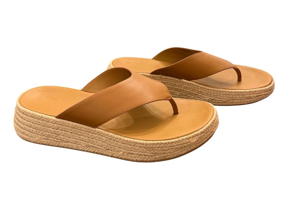 FitFlop F-MODE Espadrille Leather Flatform Toe-Post Sandals Tan Women’s 10